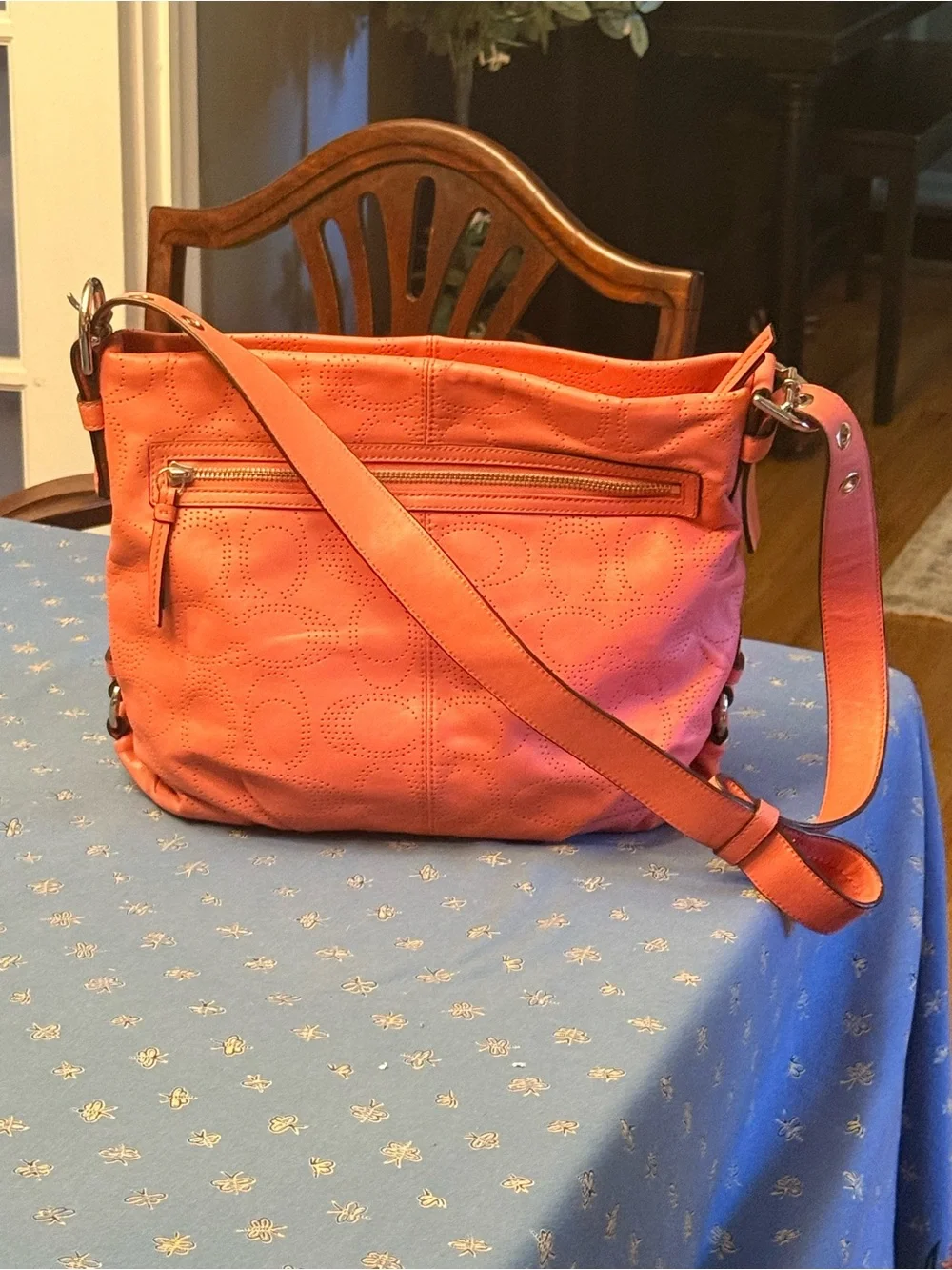 Coral Perforated Leather Shoulder Bag